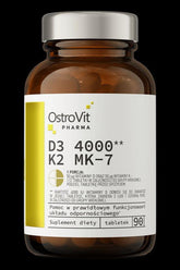 OstroVit Pharma D3 4000 K2 MK-7 dietary supplement, 90 tablets in a brown bottle for immune and bone health.